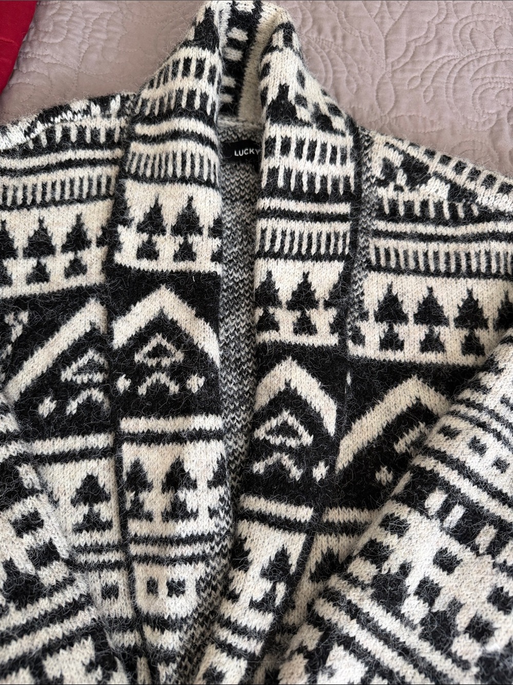 Lucky Brand Black and Cream Geometric Shawl Collar Cardigan size L for women - Picture 3 of 9